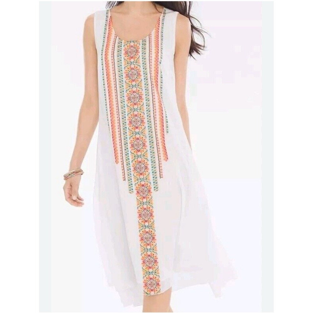 Chico's Dress Womens 2.5 Large 14 Petite White Embroidered Gauzy Flowy Lined